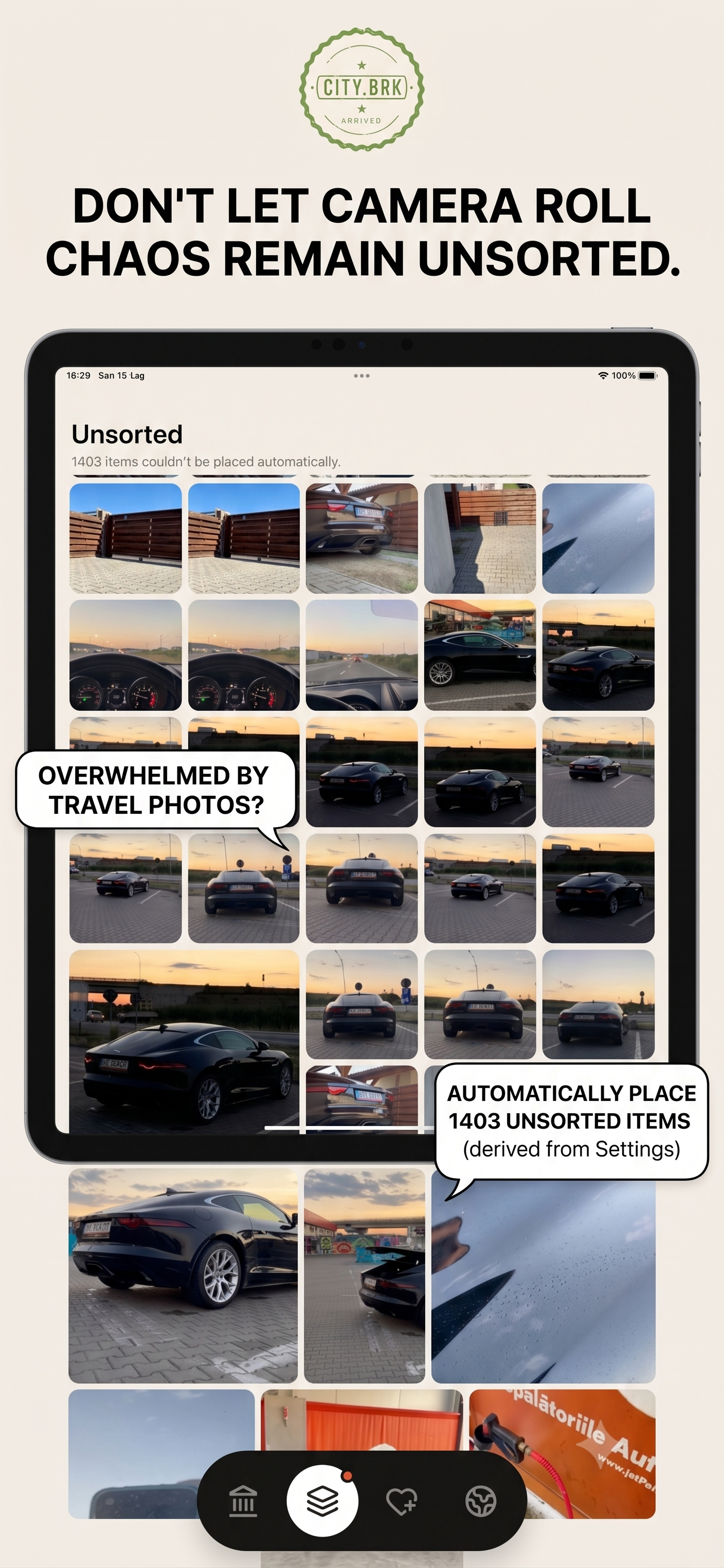 Citybrk Unsorted tray — photos without clear date or location held aside for review, never wedged into the wrong trip